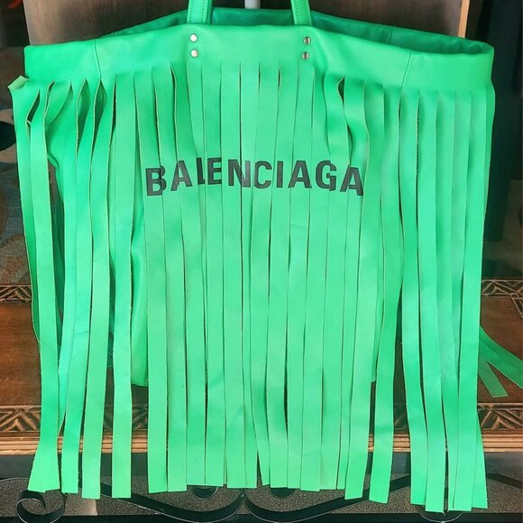 Balenciaga Green Laundry Cabas Fringe Leather Tote Bag - Picture 1 of 13